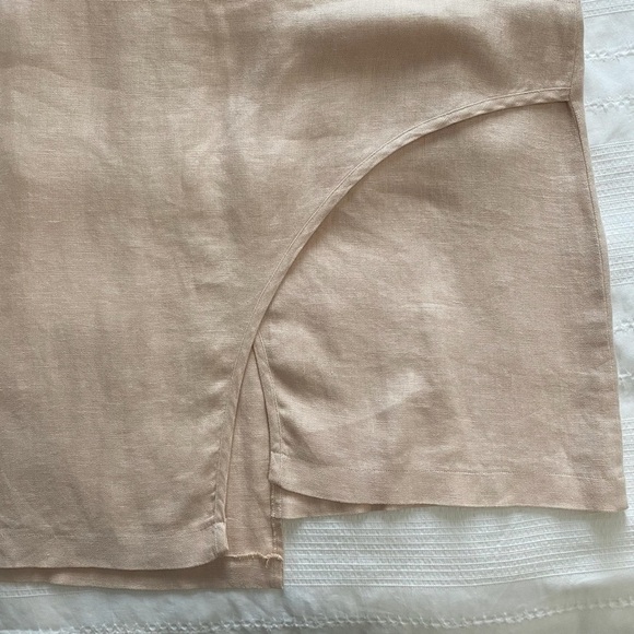 KOKOMARINA LINEN SOFT PINK FAUX WRAP CROSS OVER FRONT SLIT HIGH RISE MIDI SKIRT - Picture 9 of 11